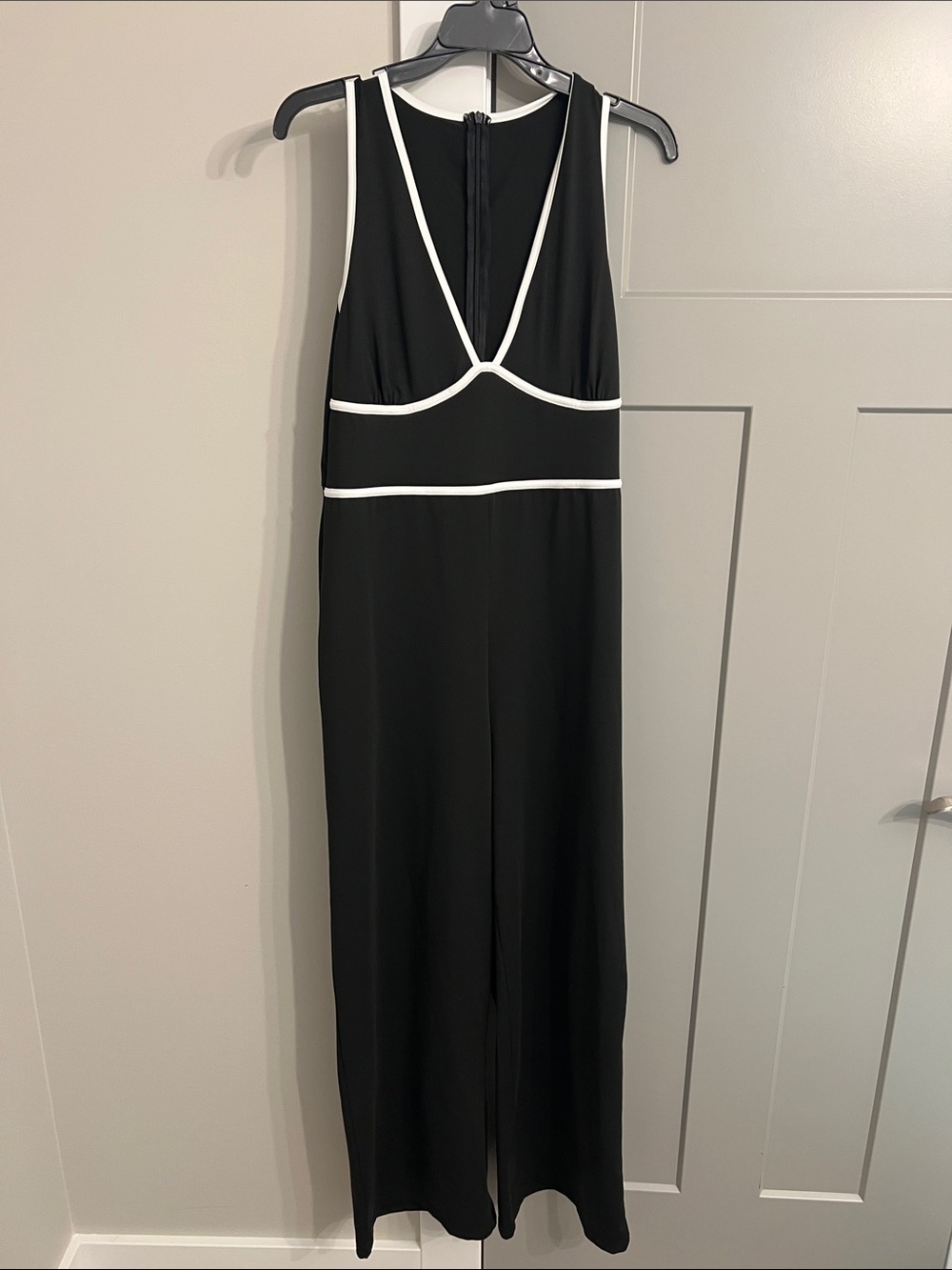 Black Sleeveless Jumpsuit Dress with White Trim